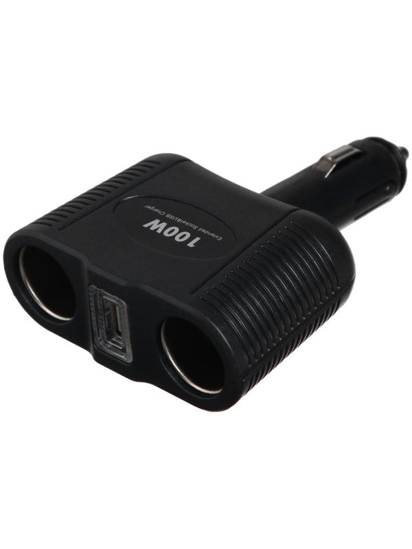 Разветвитель прикуривателя на 2 слота и 1 USB, с подсветкой, 100 Вт