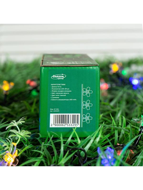 Гирлянда «Нить» 4.5 м с насадками «Ромашки», IP44, тёмная нить, 30 LED, свечение мульти, 2 режима, солнечная батарея