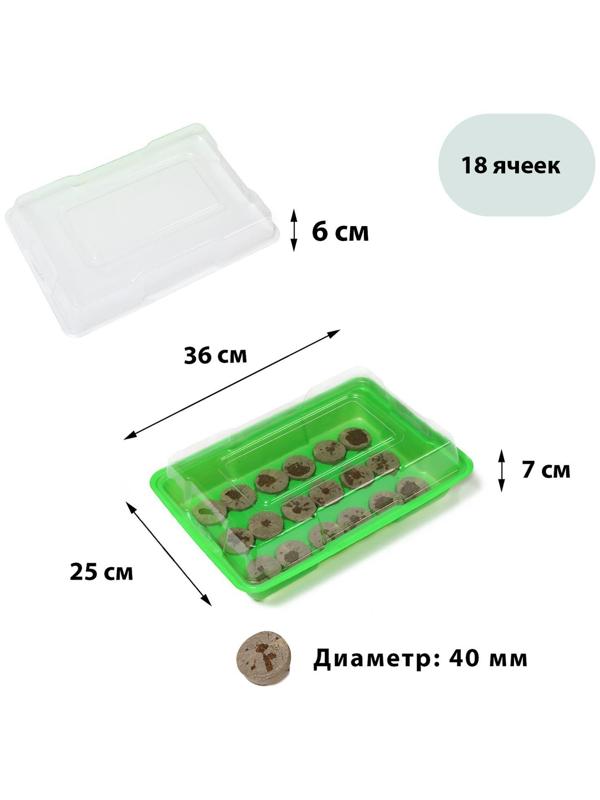 Мини-парник для рассады: торфяная таблетка d = 4,2 см (18 шт), парник 36 × 25 × 13 см, без вставок, зелёный