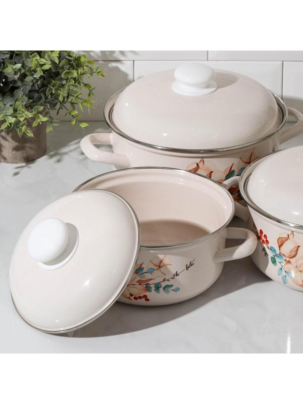 Набор кастрюль «Унесенные ветром», 3 предмета: 1,5 л, 2 л, 3 л, индукция, цвет бежевый