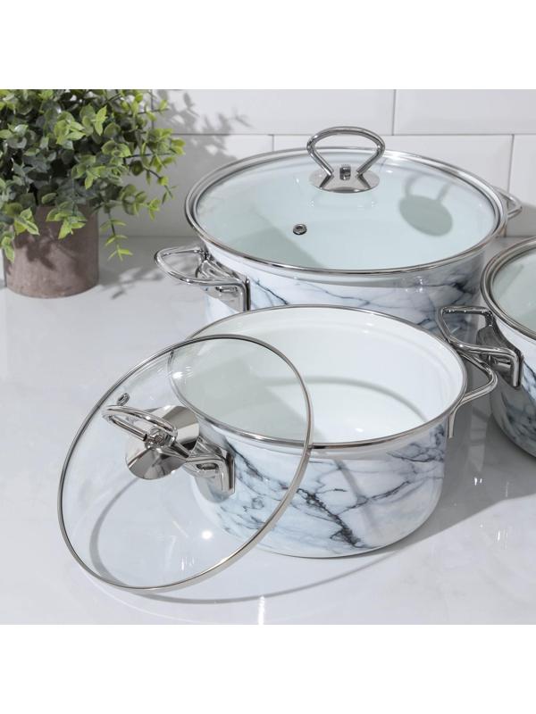 Набор кастрюль «Белый мрамор-1-Элит», 3 предмета: 1,9 л, 2,5 л, 3,7 л, крышки, индукция, цвет белый
