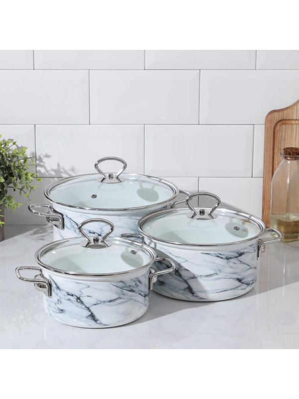Набор кастрюль «Белый мрамор-1-Элит», 3 предмета: 1,9 л, 2,5 л, 3,7 л, крышки, индукция, цвет белый