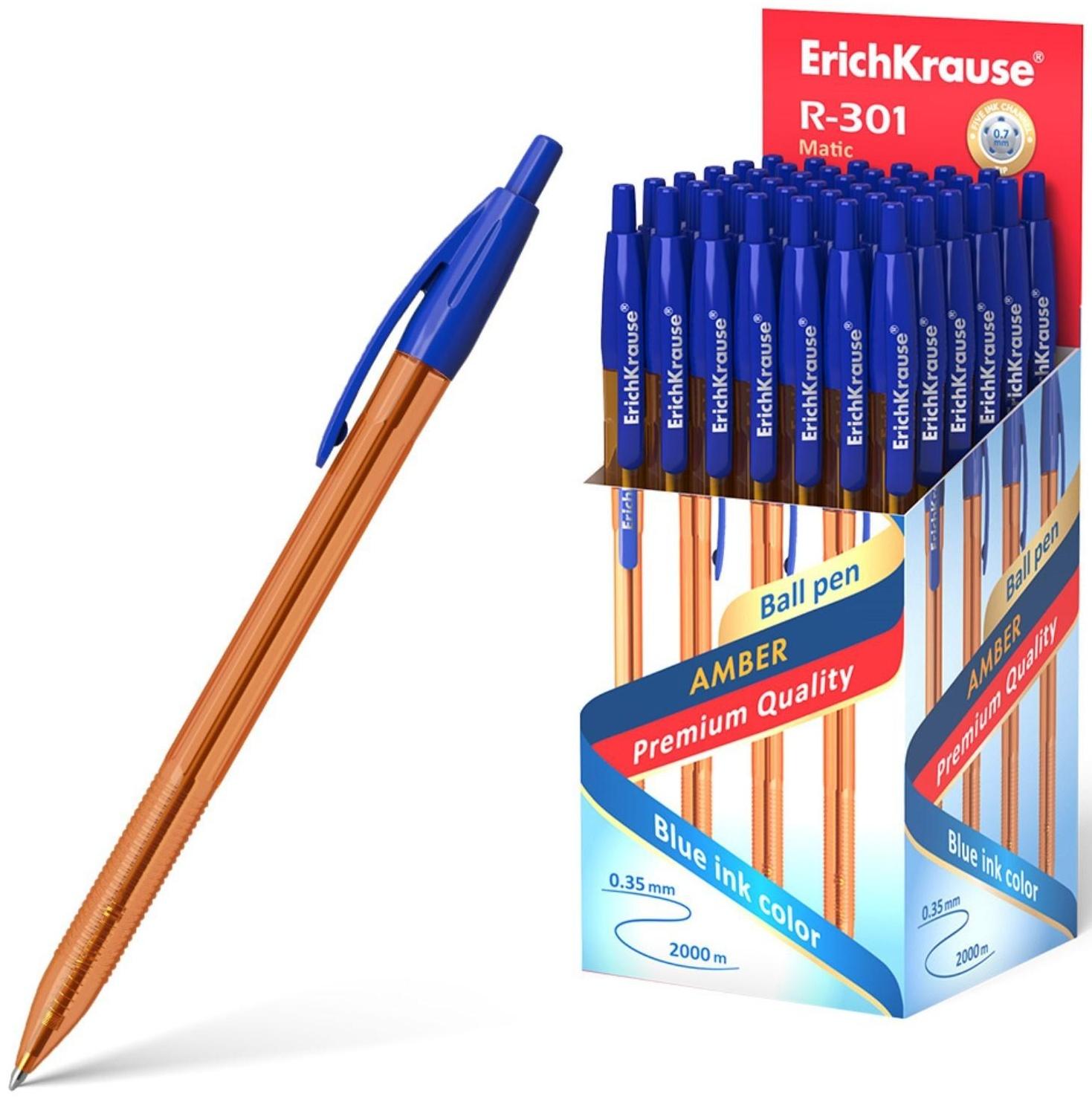 Ручка шариковая автоматическая ErichKrause R-301 Amber Matic, узел 0.7 мм, чернила синие, длина линии письма 2000 метров