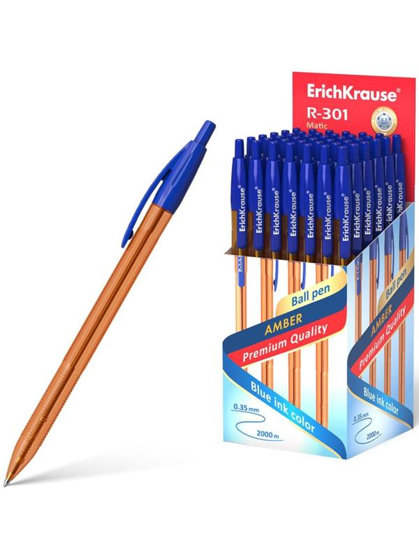 Ручка шариковая автоматическая ErichKrause R-301 Amber Matic, узел 0.7 мм, чернила синие, длина линии письма 2000 метров