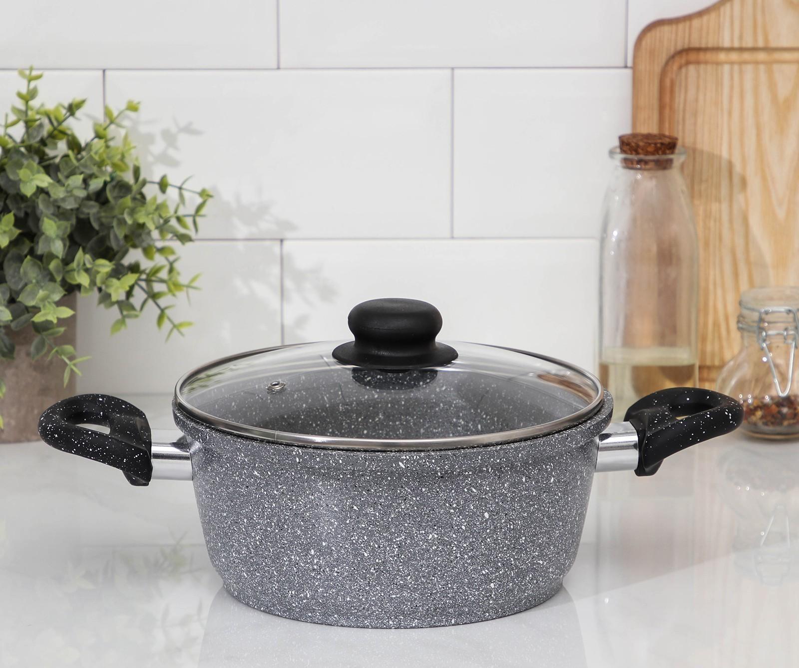 Кастрюля «Марбл», 2 л, пластиковые ручки, стеклянная крышка, антипригарное покрытие, цвет серый