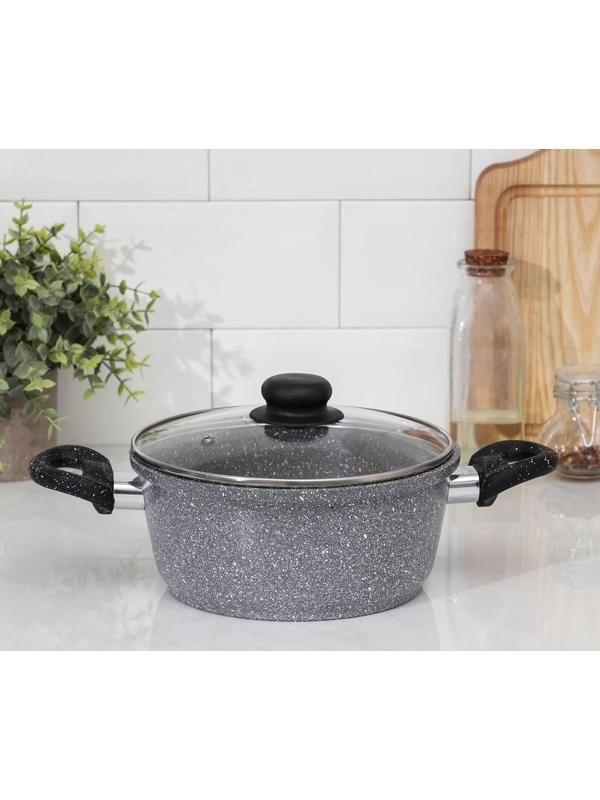 Кастрюля «Марбл», 2 л, пластиковые ручки, стеклянная крышка, антипригарное покрытие, цвет серый