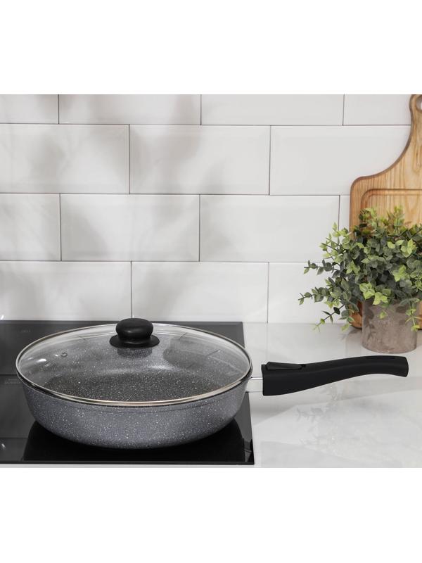 Сковорода Доляна «Марбл», d=28 см, стеклянная крышка, съёмная ручка, антипригарное покрытие, цвет серый