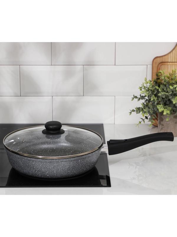 Сковорода Доляна «Марбл», d=26 см, стеклянная крышка, съёмная ручка, антипригарное покрытие, цвет серый