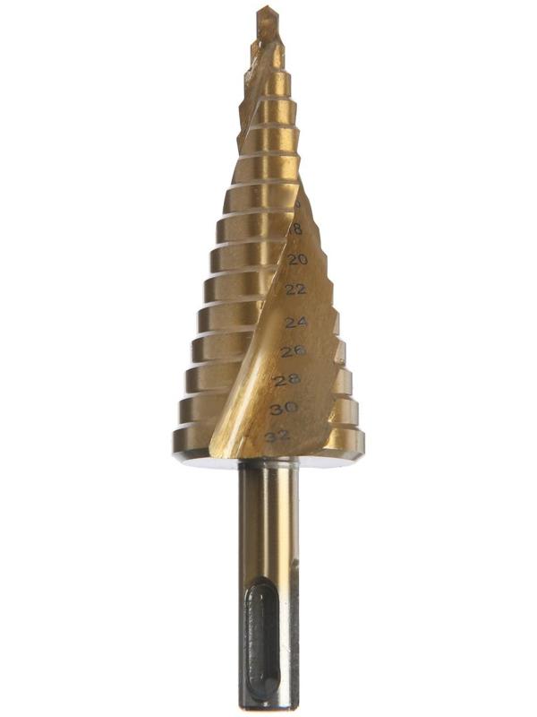 Сверло ступенчатое ТУНДРА PRO, HSS, TiN, спиральный профиль, SDS-plus, 4-32 мм