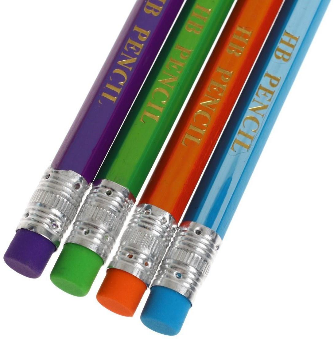 Карандаш чернографитный твёрдость НВ, с ластиком, шестигранный, заточенный, корпус МИКС