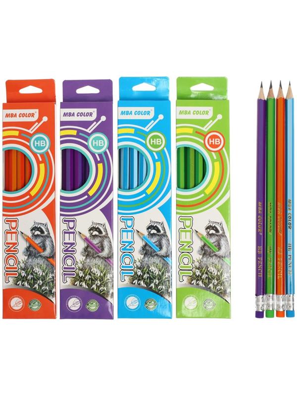 Карандаш чернографитный твёрдость НВ, с ластиком, шестигранный, заточенный, корпус МИКС