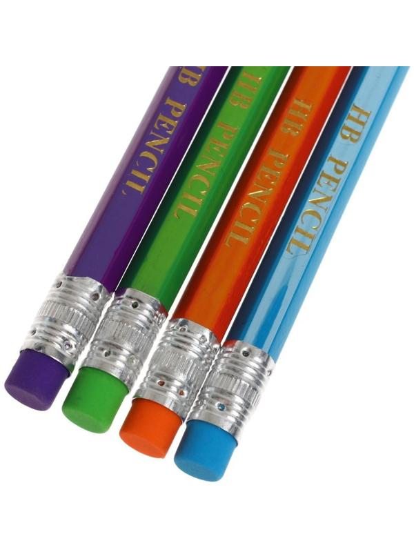 Карандаш чернографитный твёрдость НВ, с ластиком, шестигранный, заточенный, корпус МИКС