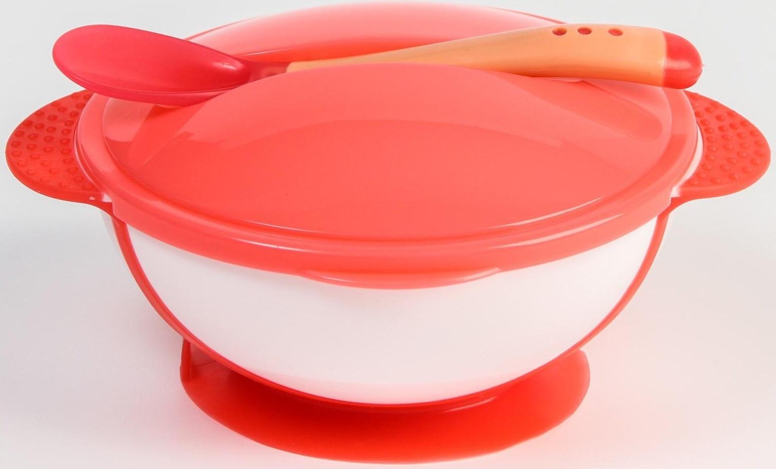 Набор детской посуды: миска на присоске 340мл., с крышкой, термоложка, цвет розовый