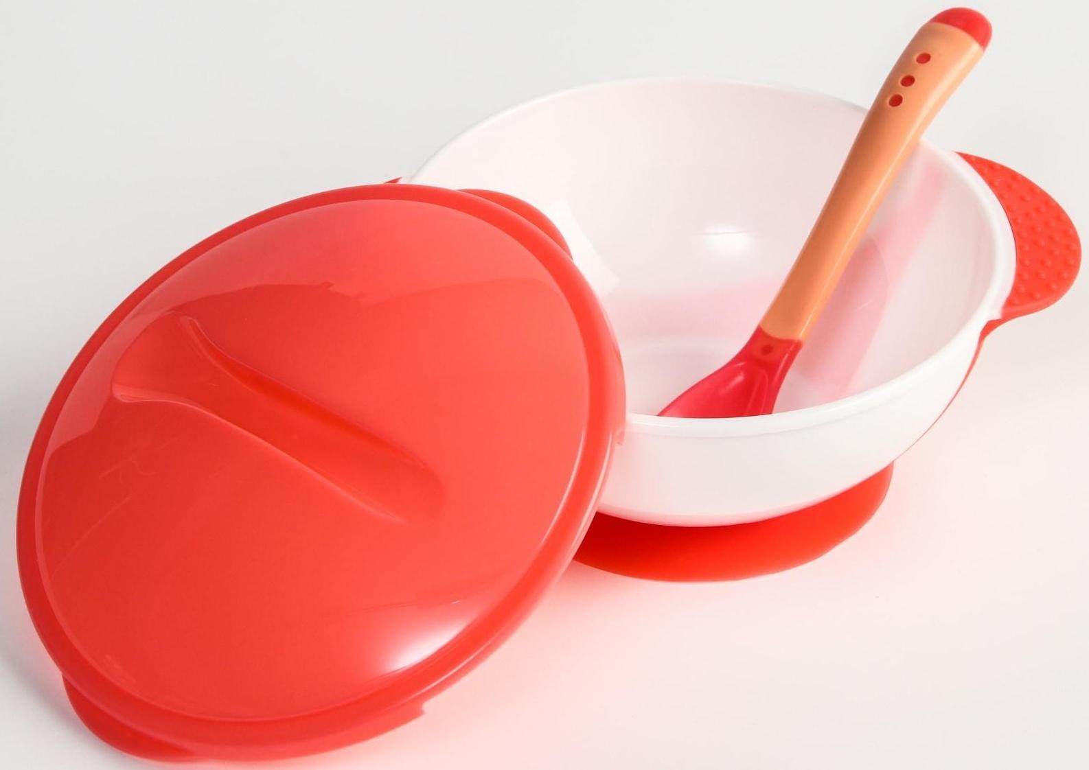 Набор детской посуды: миска на присоске 340мл., с крышкой, термоложка, цвет розовый