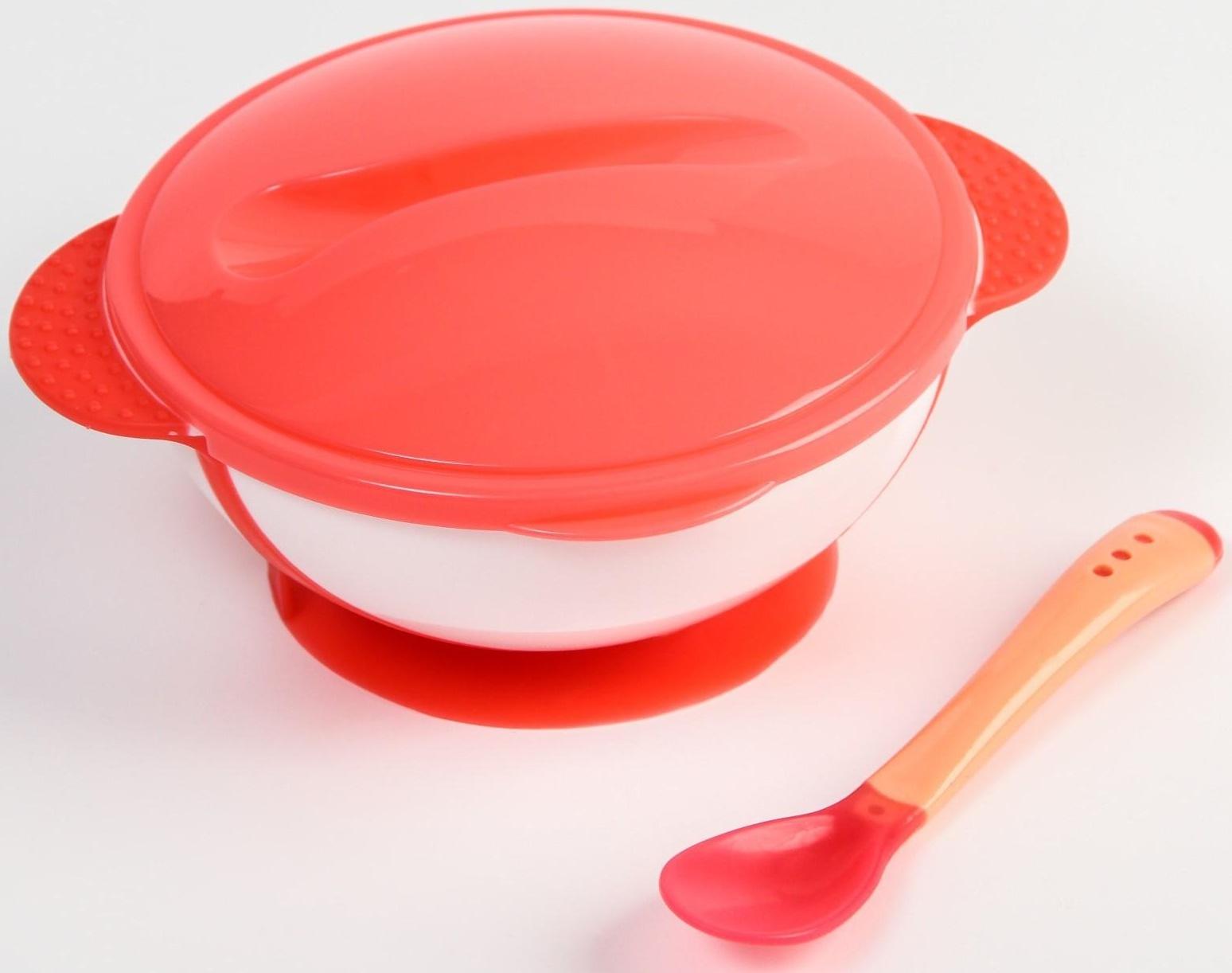 Набор детской посуды: миска на присоске 340мл., с крышкой, термоложка, цвет розовый