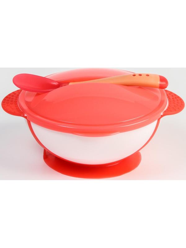 Набор детской посуды: миска на присоске 340мл., с крышкой, термоложка, цвет розовый