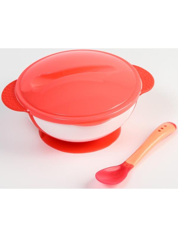 Набор детской посуды: миска на присоске 340мл., с крышкой, термоложка, цвет розовый