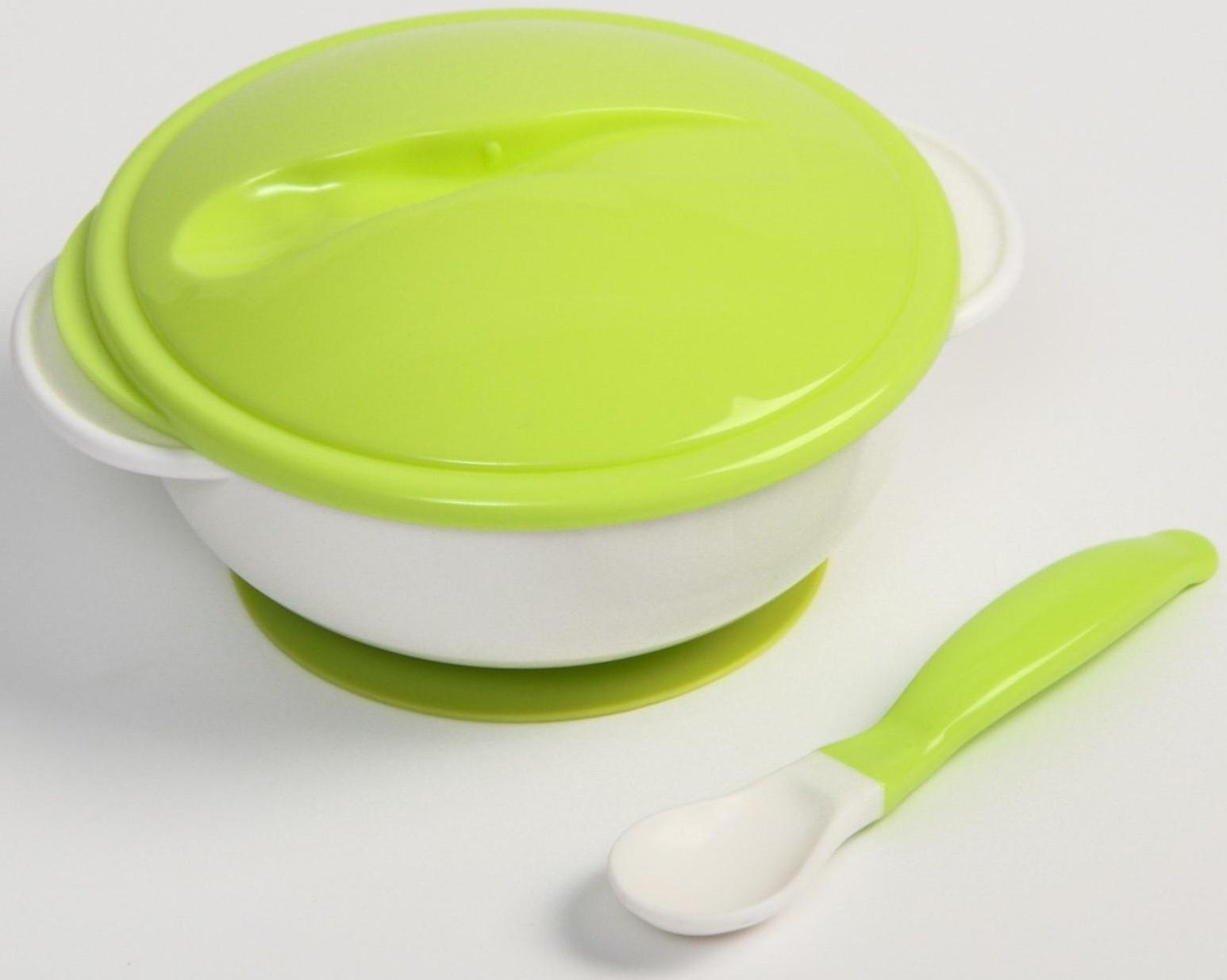 Набор детской посуды: миска на присоске 400мл., с крышкой, ложка, цвет белый/зеленый