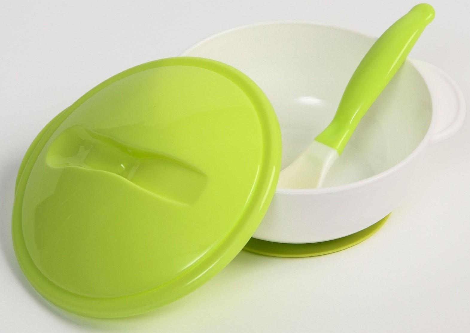 Набор детской посуды: миска на присоске 400мл., с крышкой, ложка, цвет белый/зеленый