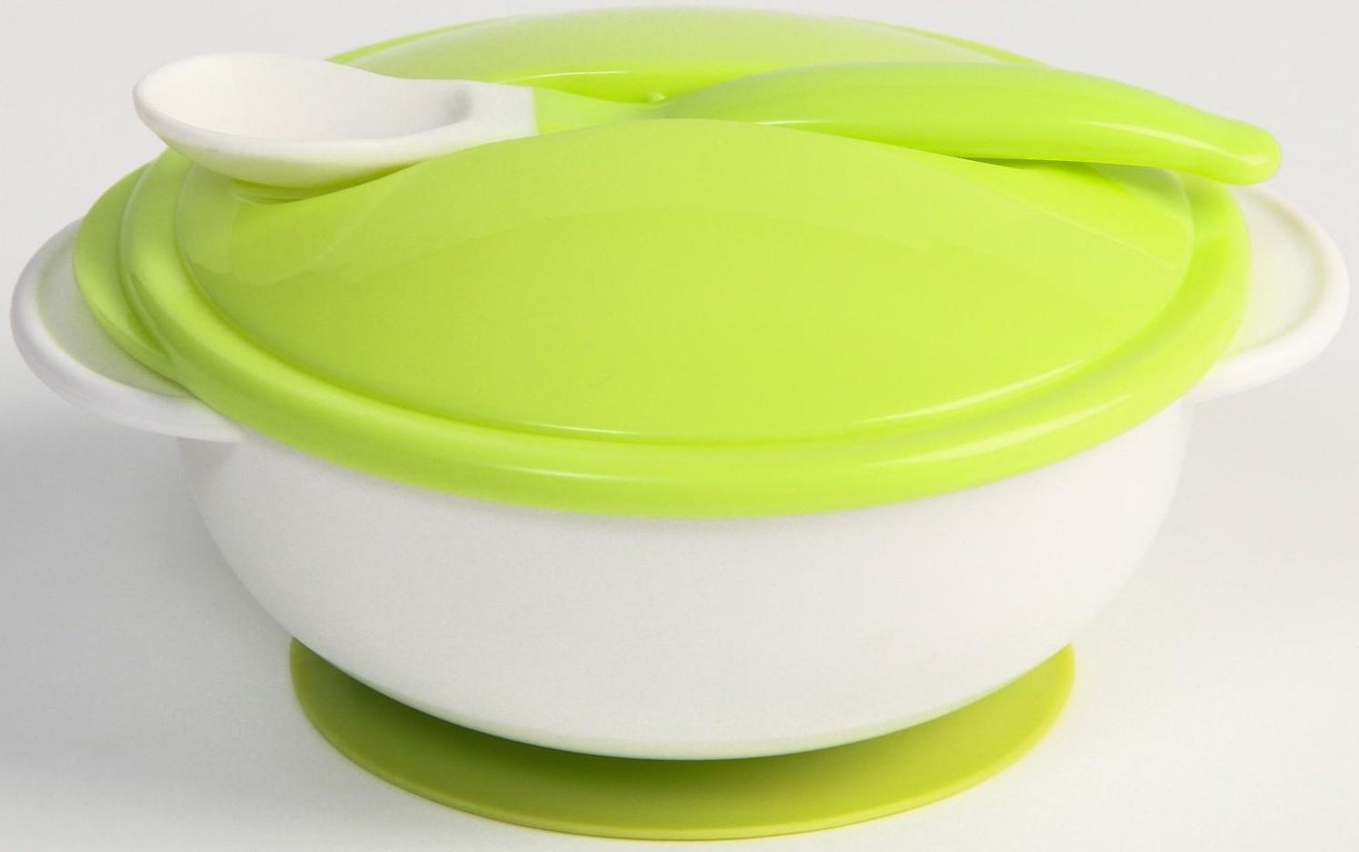 Набор детской посуды: миска на присоске 400мл., с крышкой, ложка, цвет белый/зеленый