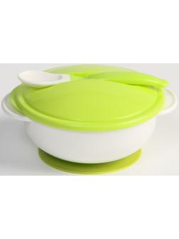 Набор детской посуды: миска на присоске 400мл., с крышкой, ложка, цвет белый/зеленый