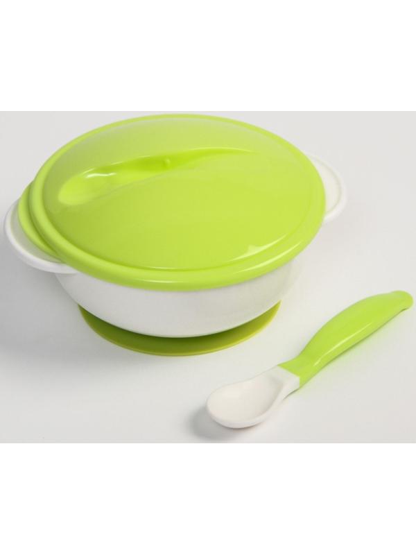 Набор детской посуды: миска на присоске 400мл., с крышкой, ложка, цвет белый/зеленый