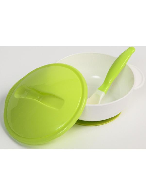 Набор детской посуды: миска на присоске 400мл., с крышкой, ложка, цвет белый/зеленый