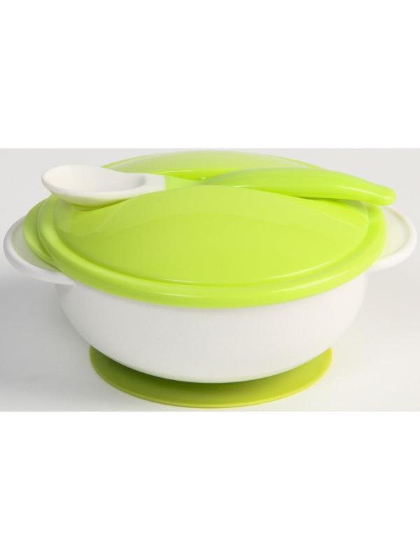 Набор детской посуды: миска на присоске 400мл., с крышкой, ложка, цвет белый/зеленый