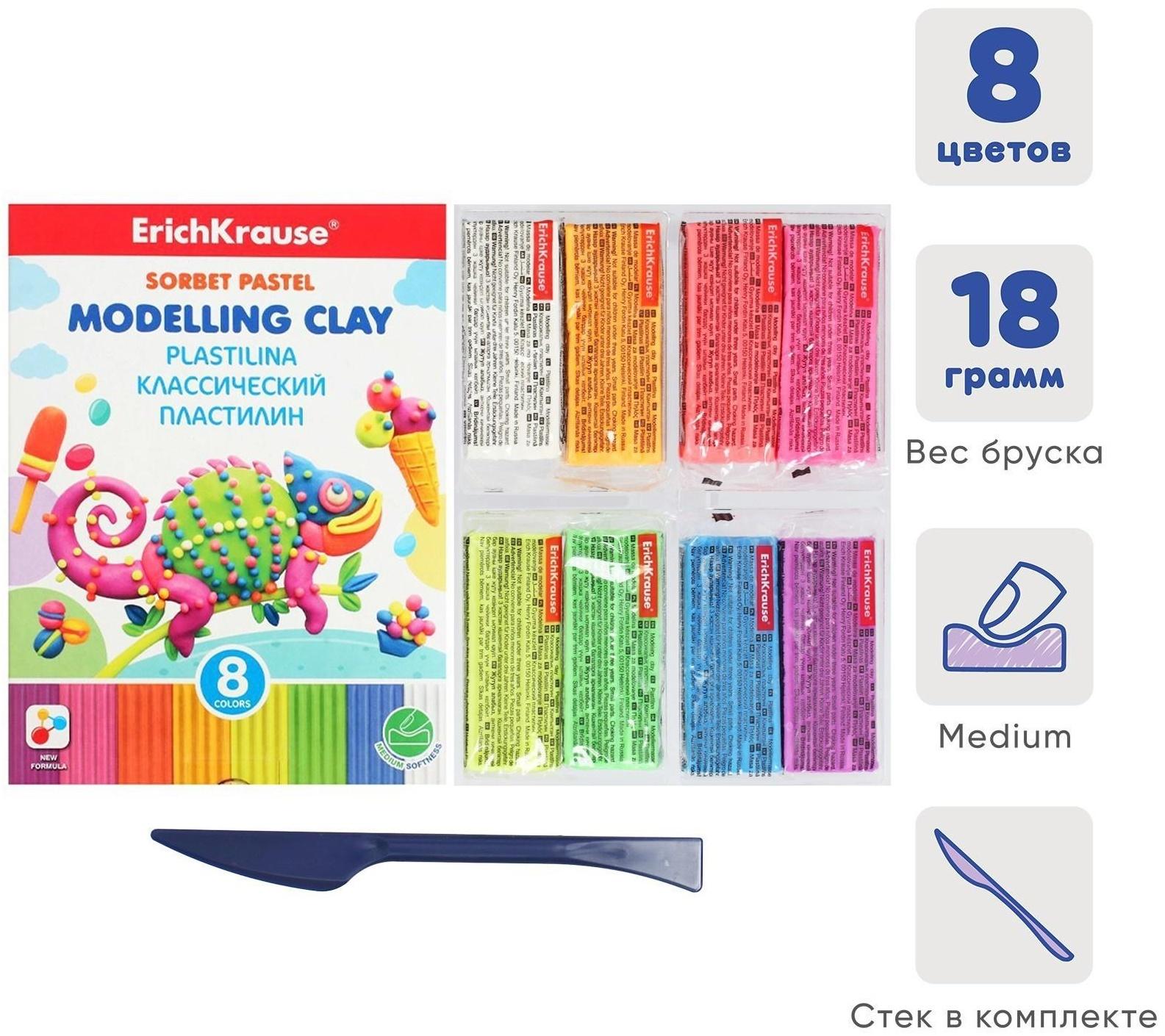Пластилин 8 цветов 144 г, ErichKrause Sorbet Pastel, пастельная палитра, стек в подарок