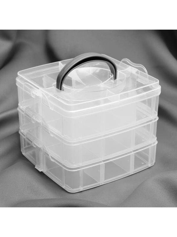 Органайзер для рукоделия, со съёмными ячейками, 3 яруса по 6 отделений, 15 × 16 × 12,5 см, с ручкой, цвет прозрачный