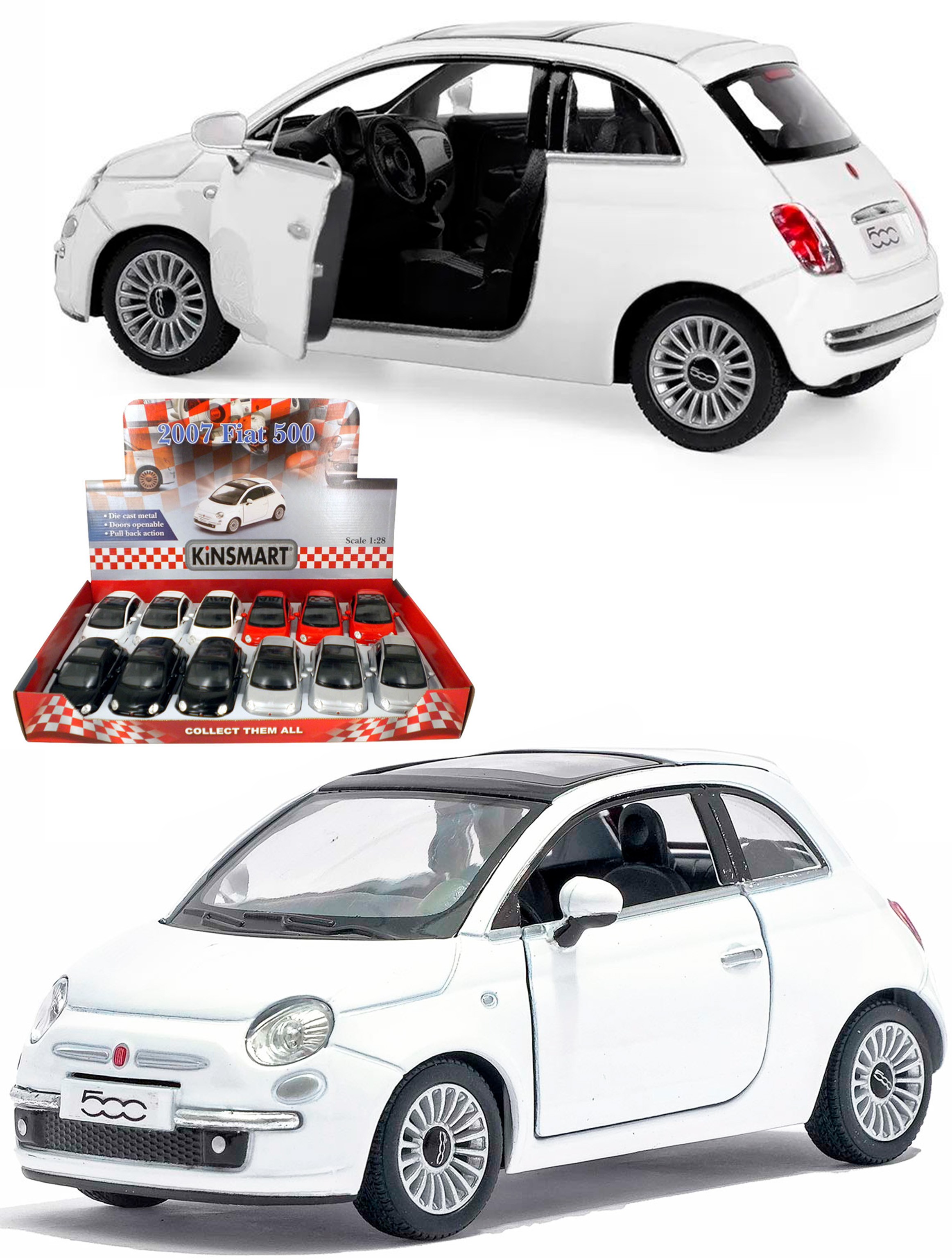 Металлическая машинка Kinsmart 1:28 «2007 Fiat 500» KT5345D, инерционная / Белый
