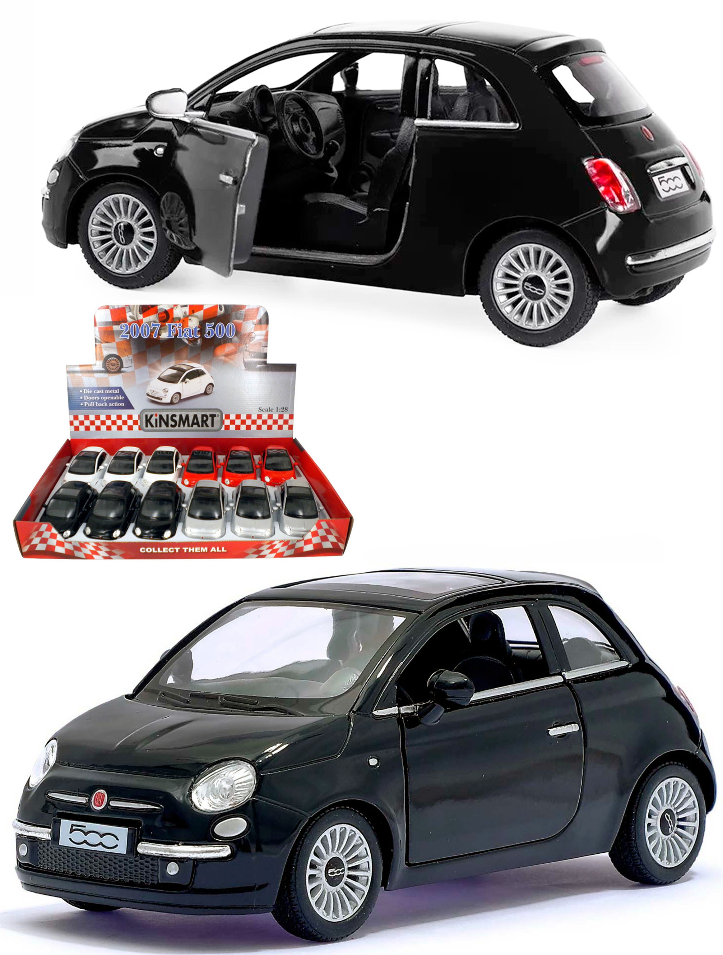 Металлическая машинка Kinsmart 1:28 «2007 Fiat 500» KT5345D, инерционная / Черный