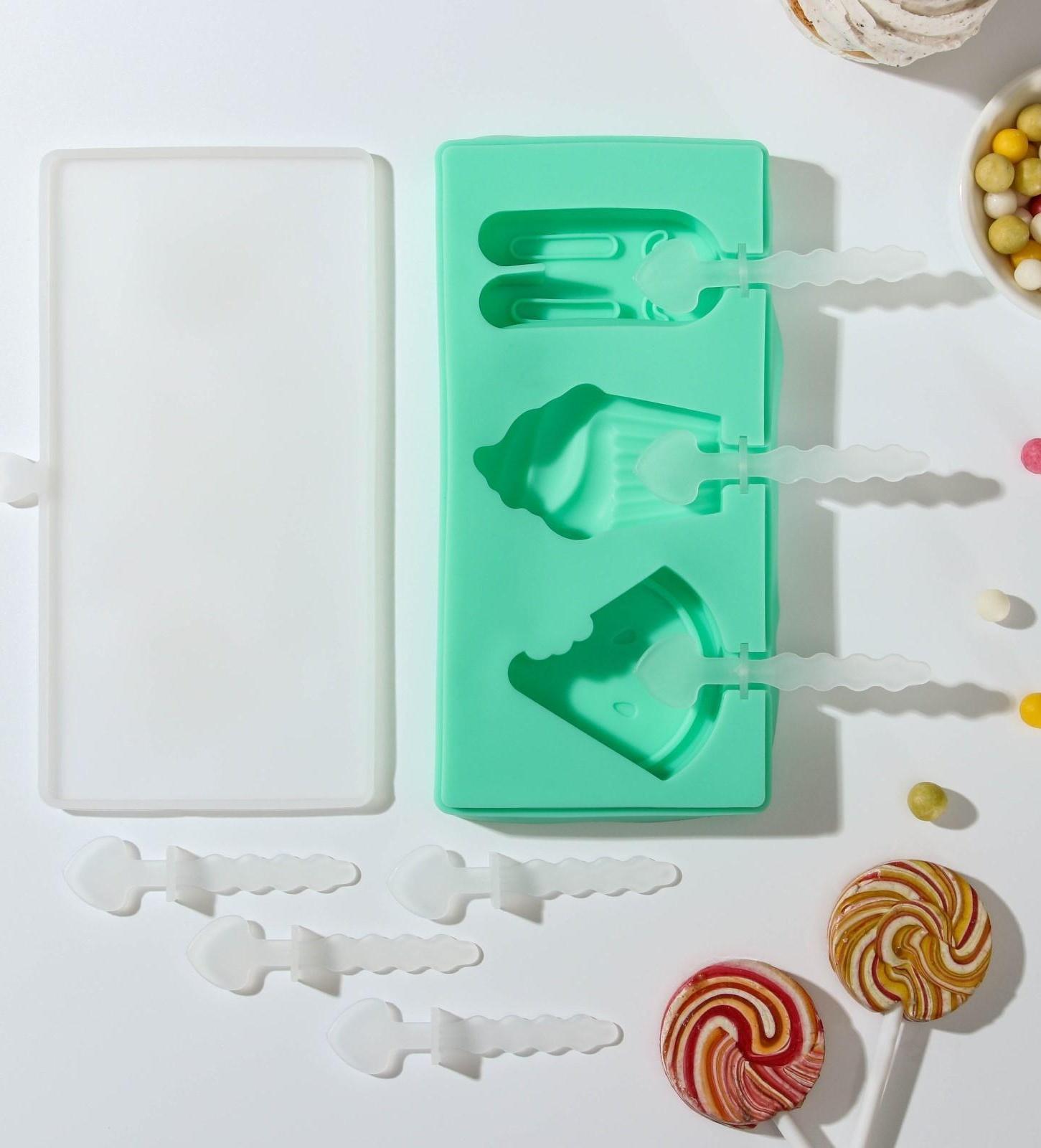 Форма для мороженого «Сладость», 3 ячейки, 18,5×9,5×2 см, с крышкой и палочками, цвет МИКС