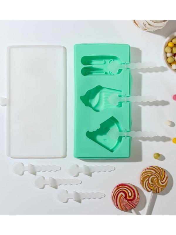 Форма для мороженого «Сладость», 3 ячейки, 18,5×9,5×2 см, с крышкой и палочками, цвет МИКС