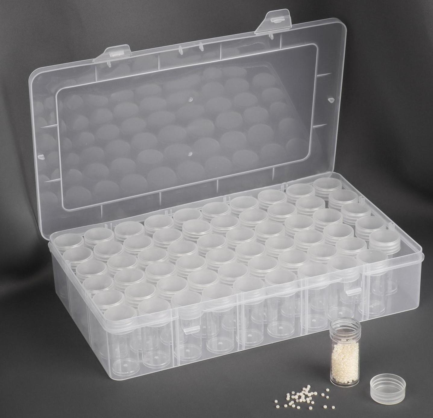 Контейнер для рукоделия, 60 баночек, d = 25 × 48 мм, с наклейками, 28 × 17 × 5,5 см, цвет прозрачный