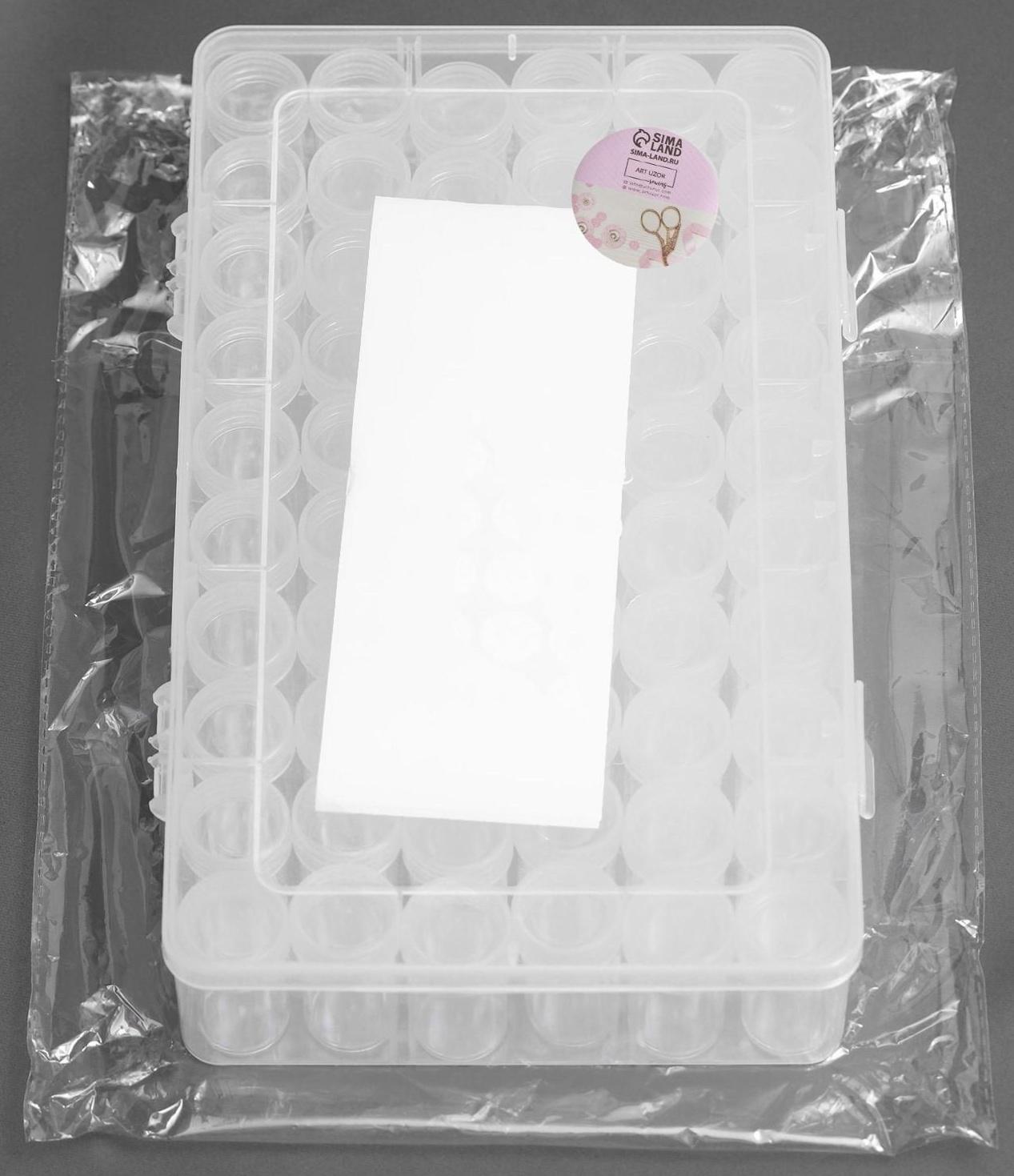 Контейнер для рукоделия, 60 баночек, d = 25 × 48 мм, с наклейками, 28 × 17 × 5,5 см, цвет прозрачный