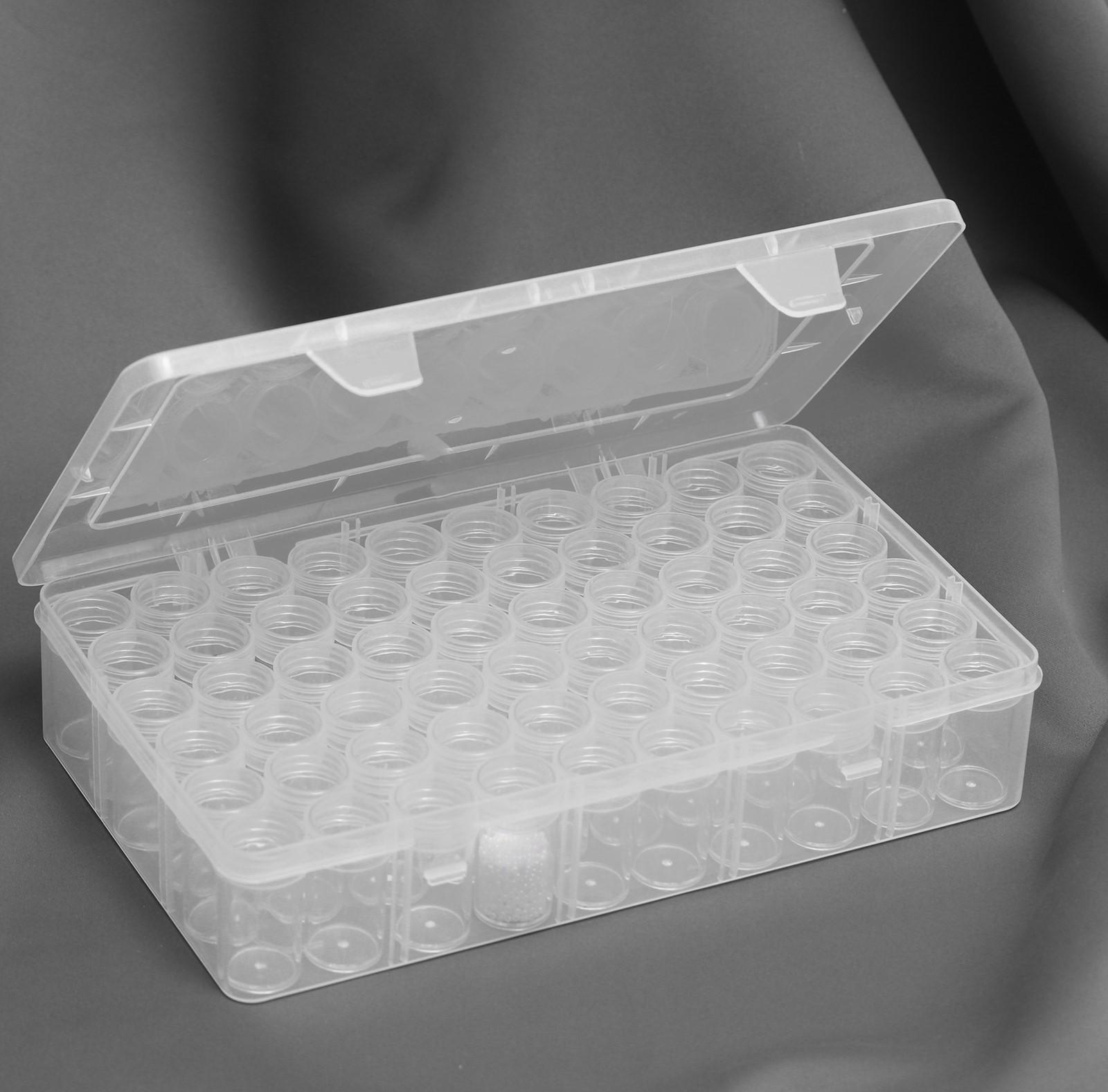 Контейнер для рукоделия, 60 баночек, d = 25 × 48 мм, с наклейками, 28 × 17 × 5,5 см, цвет прозрачный