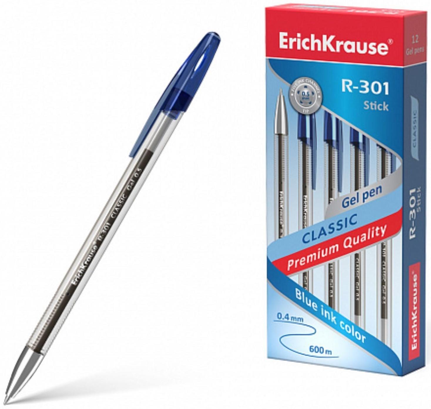 Ручка гелевая ErichKrause R-301 Classic Gel Stick, чернила синие, узел 0.5 мм, длина линии письма 600 метров