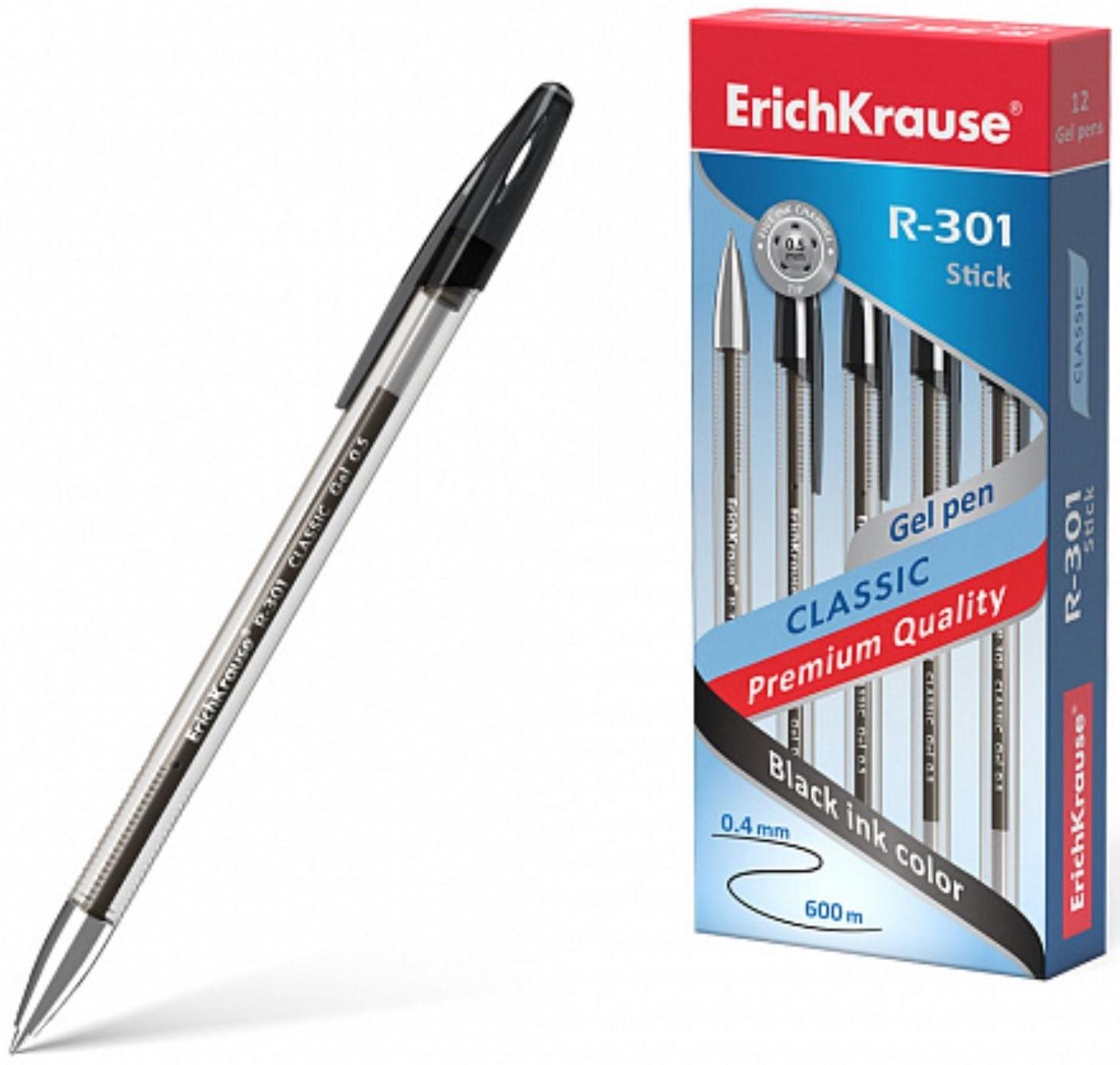 Ручка гелевая ErichKrause, R-301 Classic Gel Stick, узел 0,5мм, чернила черные, длина линии письма 600 метров