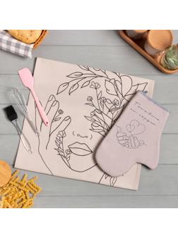 Набор подарочный Готовим от сердца: полотенце, варежка-прихватка, кисть, лопатка, венчик