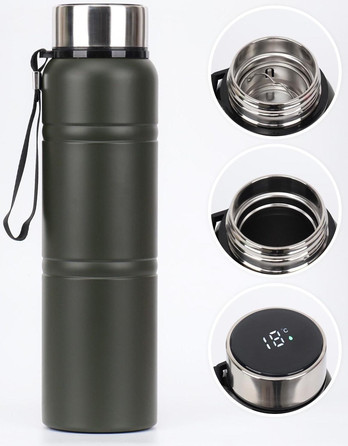 Термос, серия: Warm, 1 л, сохраняет тепло 24 ч, с термометром, ситом, зеленый