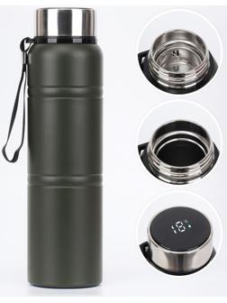 Термос, серия: Warm, 1 л, сохраняет тепло 24 ч, с термометром, ситом, зеленый