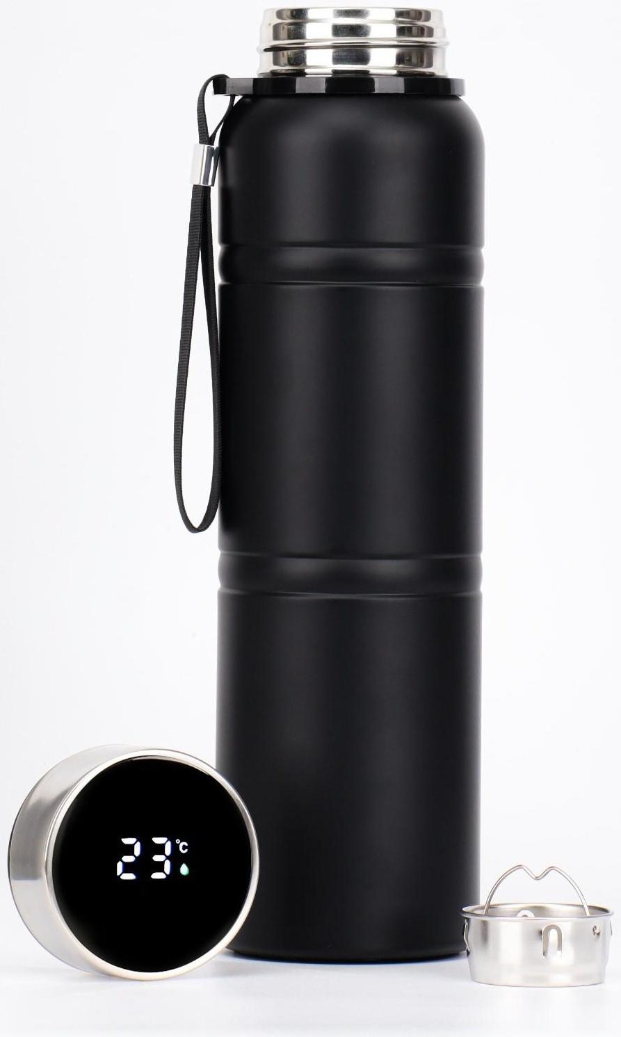 Термос, серия: Warm, 1 л, сохраняет тепло 24 ч, с термометром, ситом, чёрный