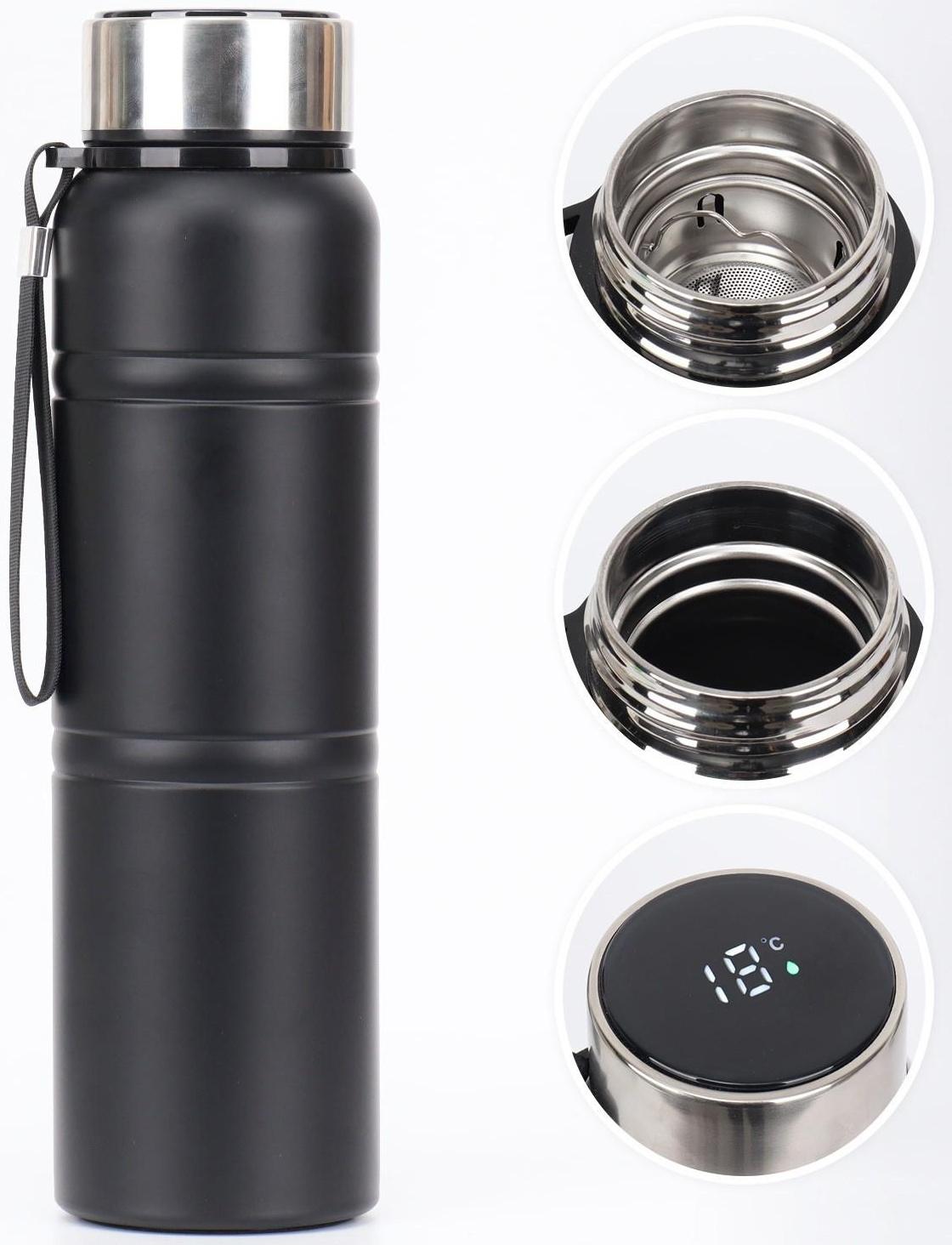 Термос, серия: Warm, 1 л, сохраняет тепло 24 ч, с термометром, ситом, чёрный