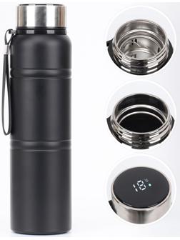 Термос, серия: Warm, 1 л, сохраняет тепло 24 ч, с термометром, ситом, чёрный