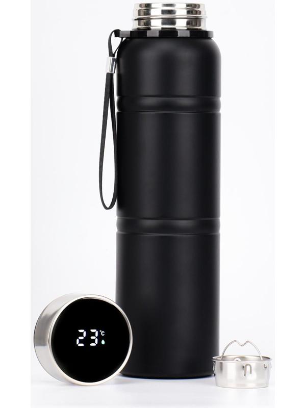 Термос, серия: Warm, 1 л, сохраняет тепло 24 ч, с термометром, ситом, чёрный