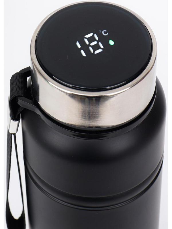Термос, серия: Warm, 1 л, сохраняет тепло 24 ч, с термометром, ситом, чёрный