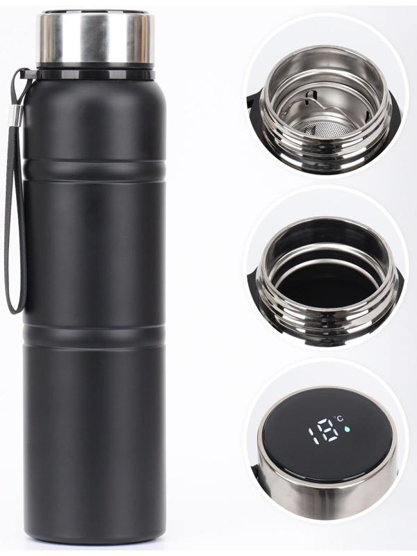 Термос, серия: Warm, 1 л, сохраняет тепло 24 ч, с термометром, ситом, чёрный