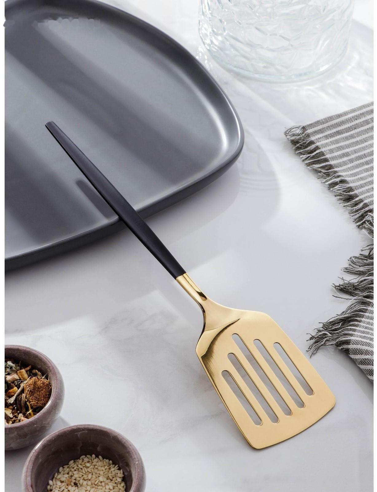 Лопатка из нержавеющей стали перфорированная Magistro «Грэйс», h=27 см, цвет ручки черный, цвет головы золотой
