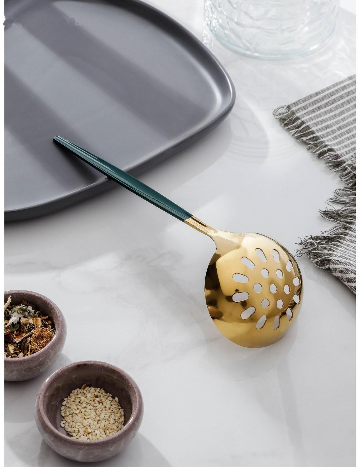 Шумовка из нержавеющей стали Magistro «Грэйс», h=24,5 см, цвет ручки зелёный, цвет головы золотой